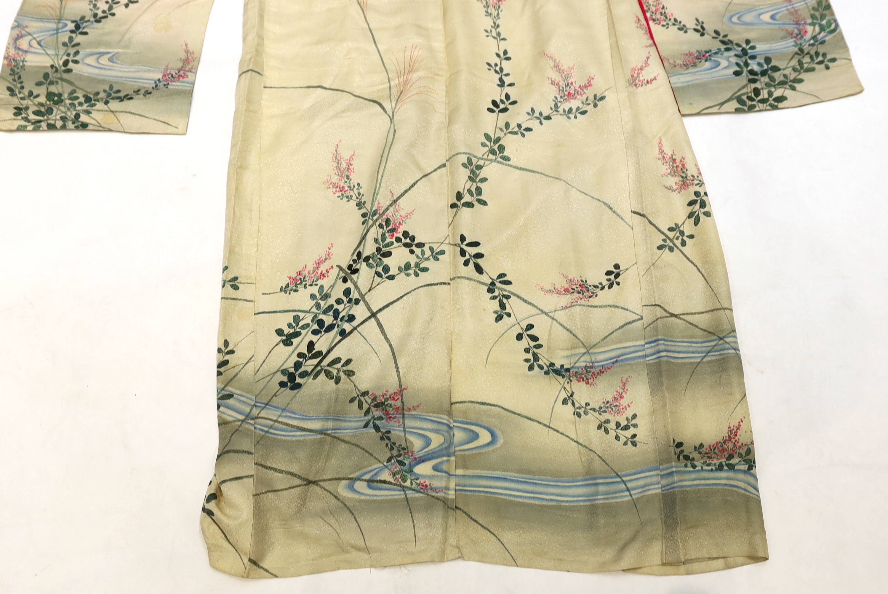 A1920’s Japanese silk ladies kimono, hand painted with blossom, rivers and the moon